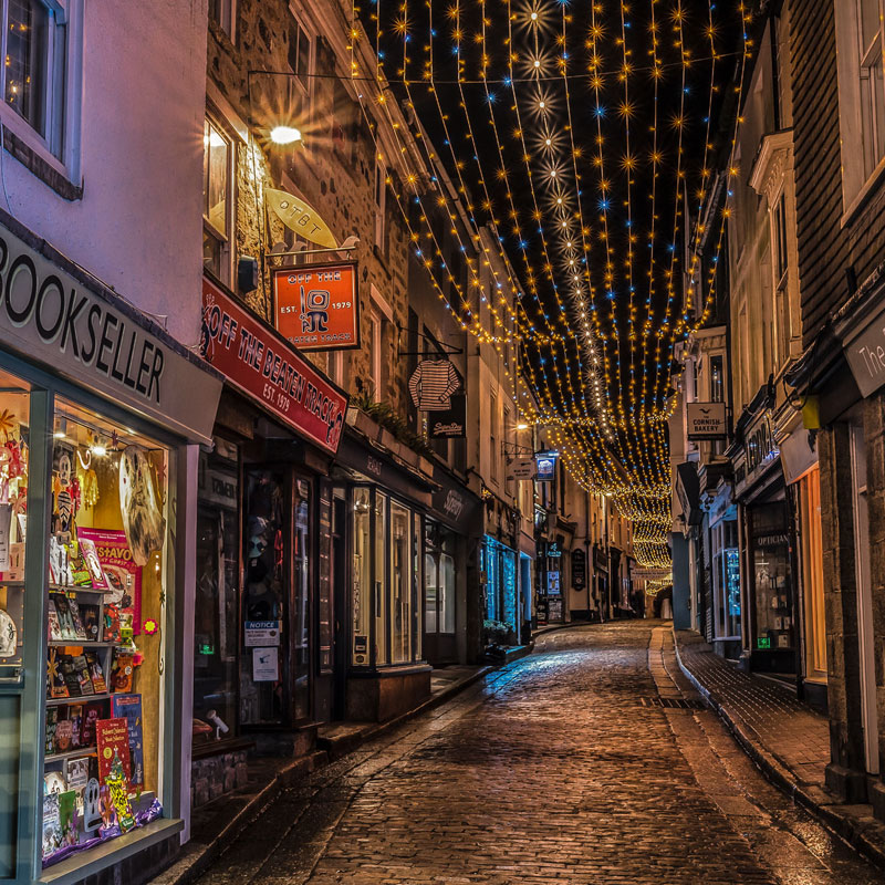 Christmas lights in Fore Street, St Ives